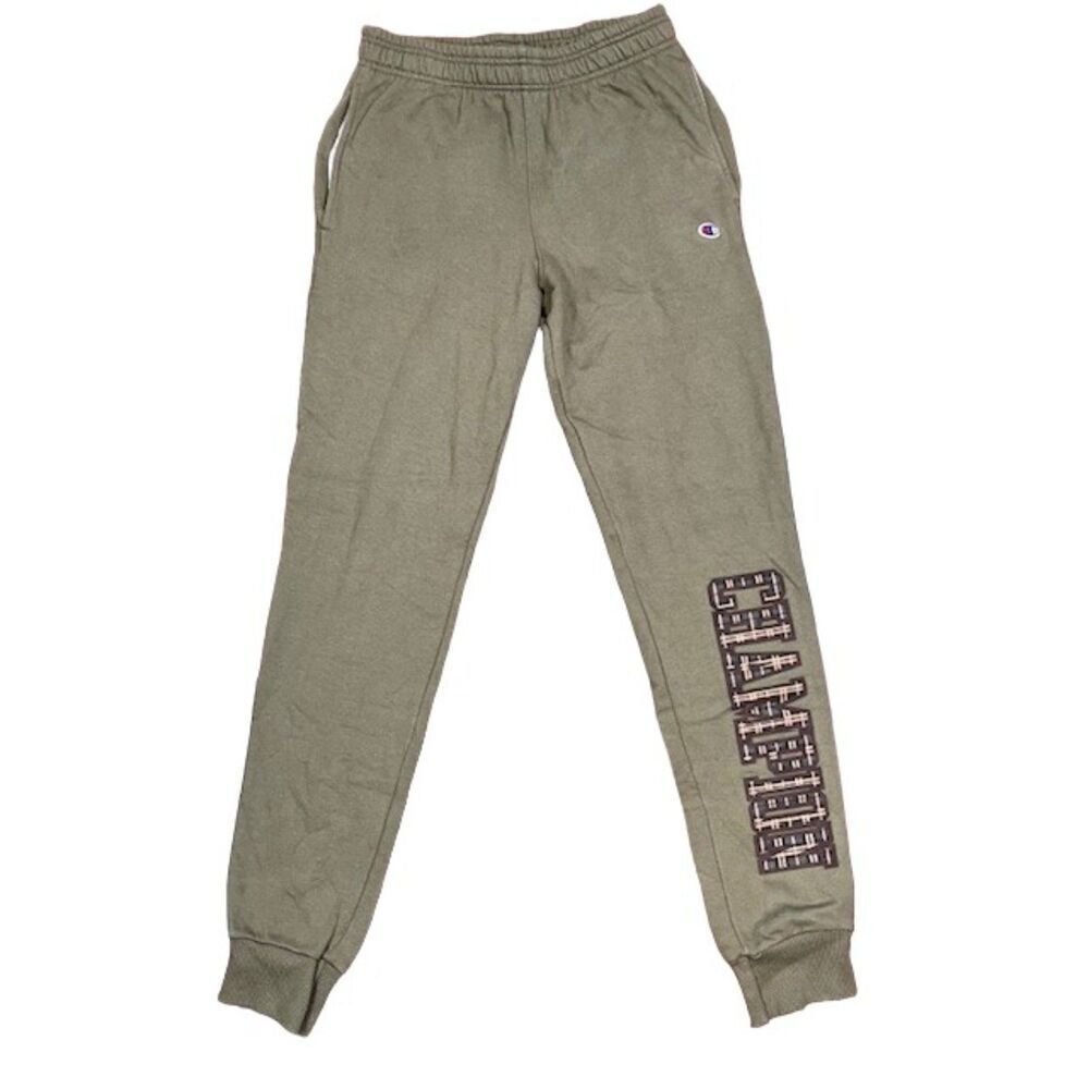 Champion Logo Leg Sweatpants Joggers Olive Green Drawstring‎ Elastic Size Small